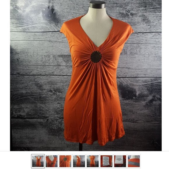 NWT Smart Set Orange V Neck Embellished Circle Gathered Tunic Tops Blouse sz S - Picture 1 of 9